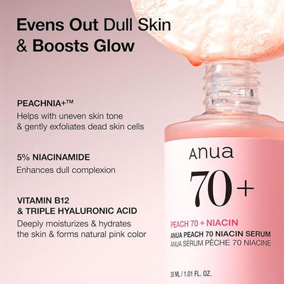 ANUA Peach 70 Niacinamide Serum, Lightweight Hydration for Dry Skin, Vitamin B12, Hyaluronic Acid, Glass Skin, Dewy Finish, Natural Pink Color, Korean Skin Care, 30ml/1.01 fl.oz