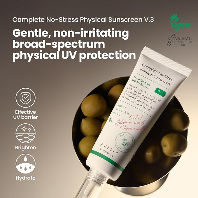 AXIS-Y Complete No-Stress Physical Sunscreen V3 50ml - SPF 50 Mineral Sunscreen with 2% Niacinamide, Zinc Oxide Sunblock for Broad Spectrum Sun Care - Vegan Korean Skin Care -1.69 fl. oz.